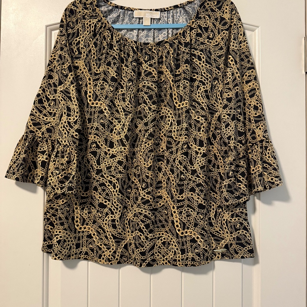 Michael Kors Women’s 3/4 Sleeve Chains Print‎ Cotton Blend Top Size L